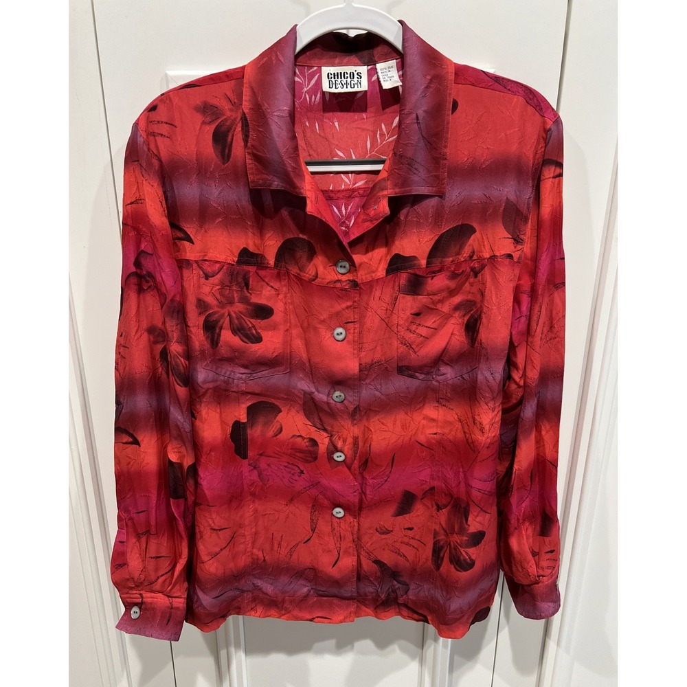 Vtg‎ Chico's Design Silk Button Up Shirt Size Large Red Tropical Floral Blouse